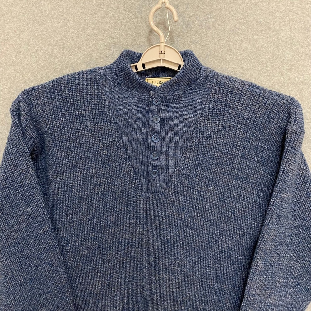 LL BEAN Vintage Mens Large Blue High Trek Yarn Wool Blend Henley Sweater 90s USA - Picture 3 of 6